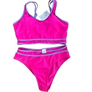 Tags on top- Neon Pink + purple bikini, Large